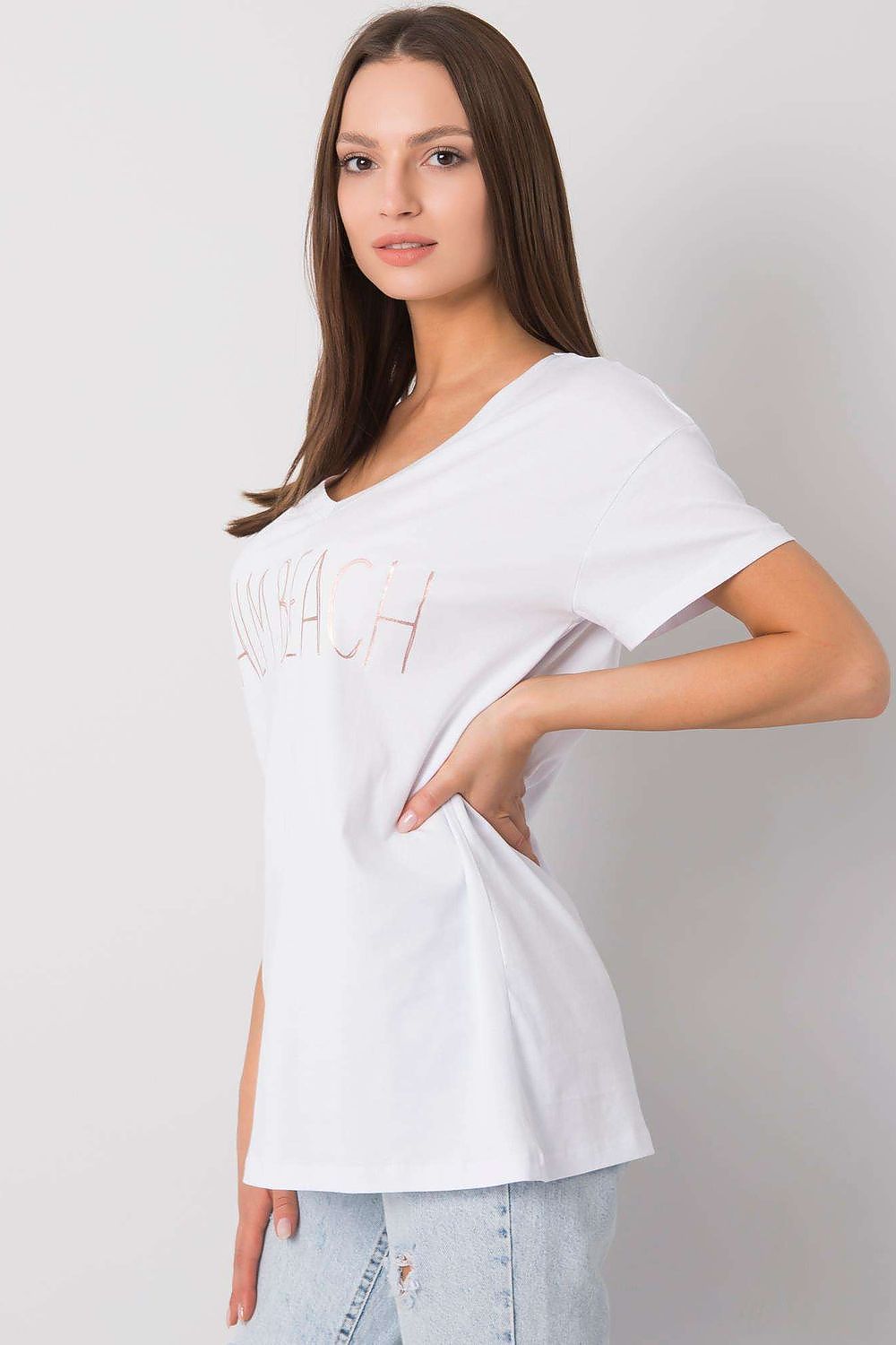 Side view of the Elegant Ladies' Cotton V Neck Short-Sleeved T-Shirt with Decorative Wording, featuring a relaxed silhouette and fashionable 'PALM BEACH' design, ideal for summer elegance - Size EU 0.