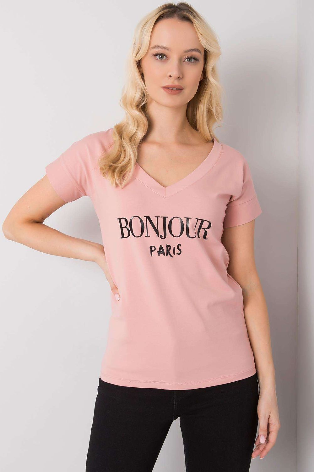Elegant Women's V-Neck T-Shirt in Soft Cotton-Lycra Blend with Decorative Front Wording, displayed on a model with long blonde hair, wearing a blush pink top featuring 'BONJOUR PARIS' text.