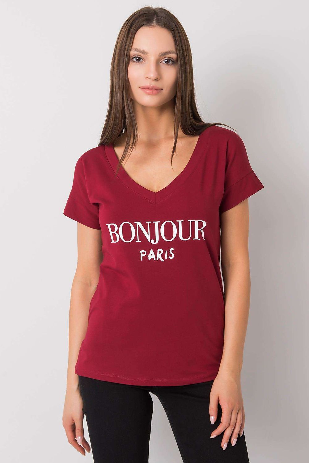 Elegant Women's V-Neck T-Shirt in Soft Cotton-Lycra Blend with Decorative Front Wording, featuring a refined look on a model in maroon.