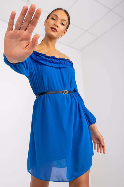 Elegant long sleeve dress with Spanish neckline and belt by Italy Moda, showcased in vibrant blue, perfect for any occasion.