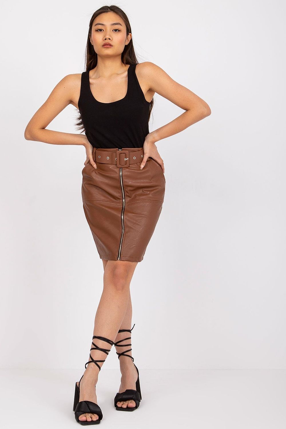 Luxury Ecological Leather Pencil Skirt With Zip, Pockets & Matching Belt by Italy Moda, showcased on a model wearing a fitted black top, emphasizing elegant style and sophisticated fashion.