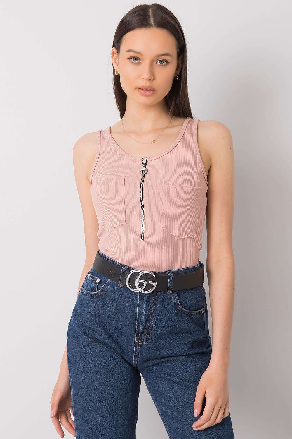 Luxury Italy Moda T-Shirt with Decorative Zipped Pockets and Round Neckline for Summer, modeled by a woman in a pink tank top with zipped pockets, paired with denim jeans.