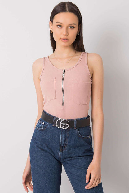 Luxury Italy Moda T-Shirt with Decorative Zipped Pockets and Round Neckline for Summer, modeled by a woman in a pink tank top with zipped pockets, paired with denim jeans.