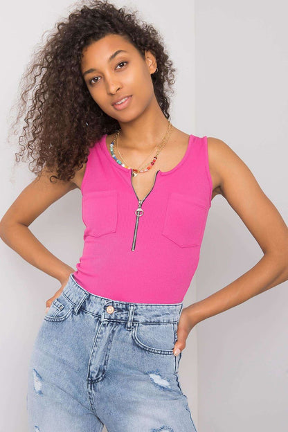 Luxury Italy Moda T-Shirt with Decorative Zipped Pockets and Round Neckline for Summer, featuring a woman in a vibrant pink tank top with decorative pockets, accessorized with layered necklaces.