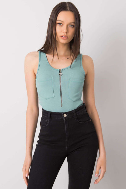 Luxury Italy Moda T-Shirt with Decorative Zipped Pockets and Round Neckline for Summer, model front view featuring a trendy turquoise sleeveless top with zipping details, styled with elegant black high-waisted trousers.