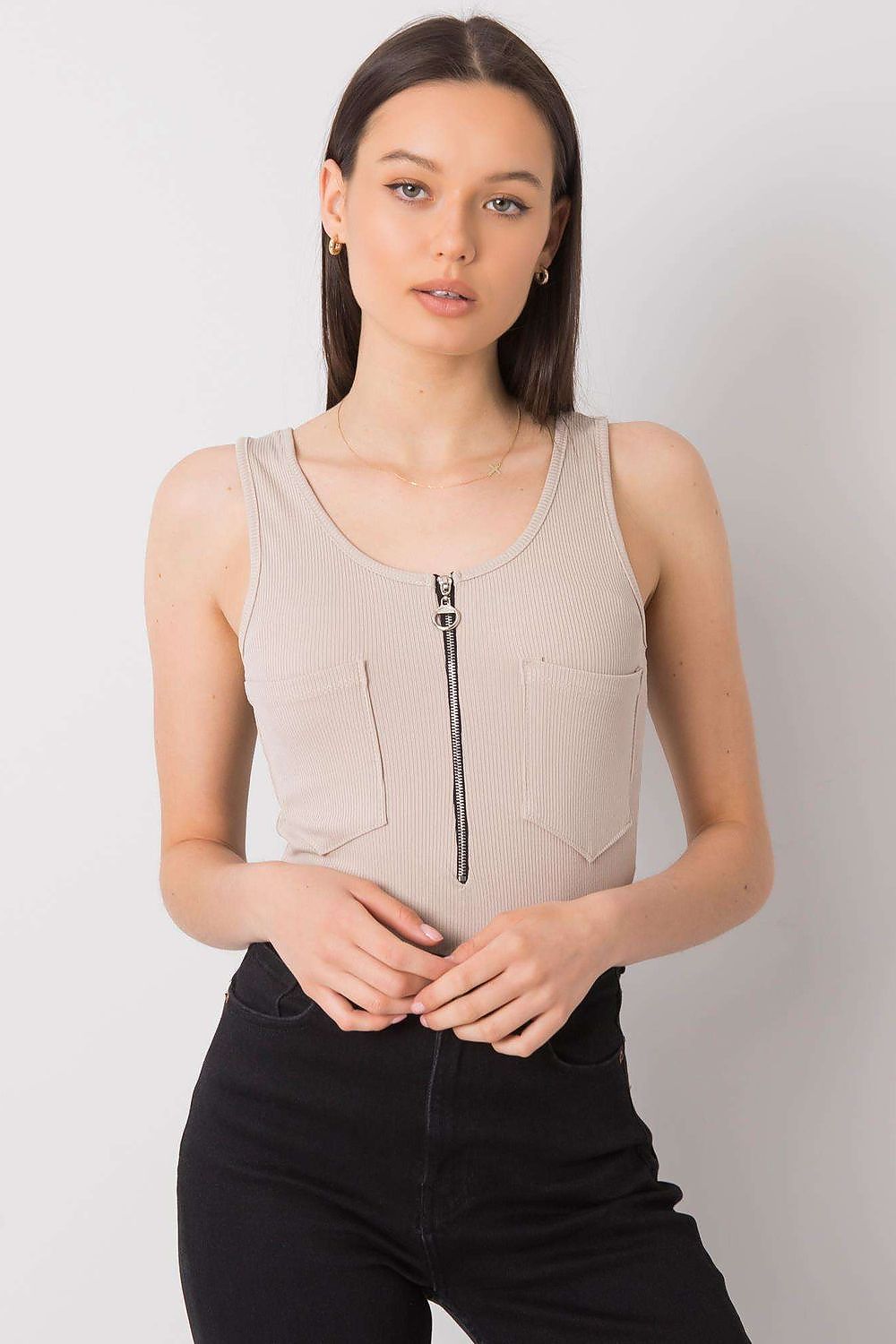Luxury Italy Moda T-Shirt with Decorative Zipped Pockets and Round Neckline for Summer, displayed in a chic pose highlighting the elegant design of a zipped front.