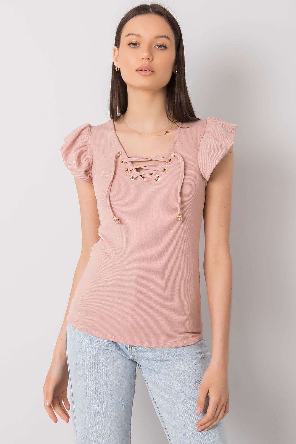 Luxurious Ribbed Frill Blouse with Decorative Cheese Neckline by Italy Moda featuring short frilled sleeves and a stylish lace-up detail in a soft pink hue, perfect for elegant casual wear.