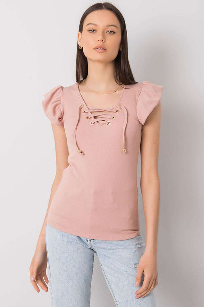 Luxurious Ribbed Frill Blouse with Decorative Cheese Neckline by Italy Moda featuring short frilled sleeves and a stylish lace-up detail in a soft pink hue, perfect for elegant casual wear.