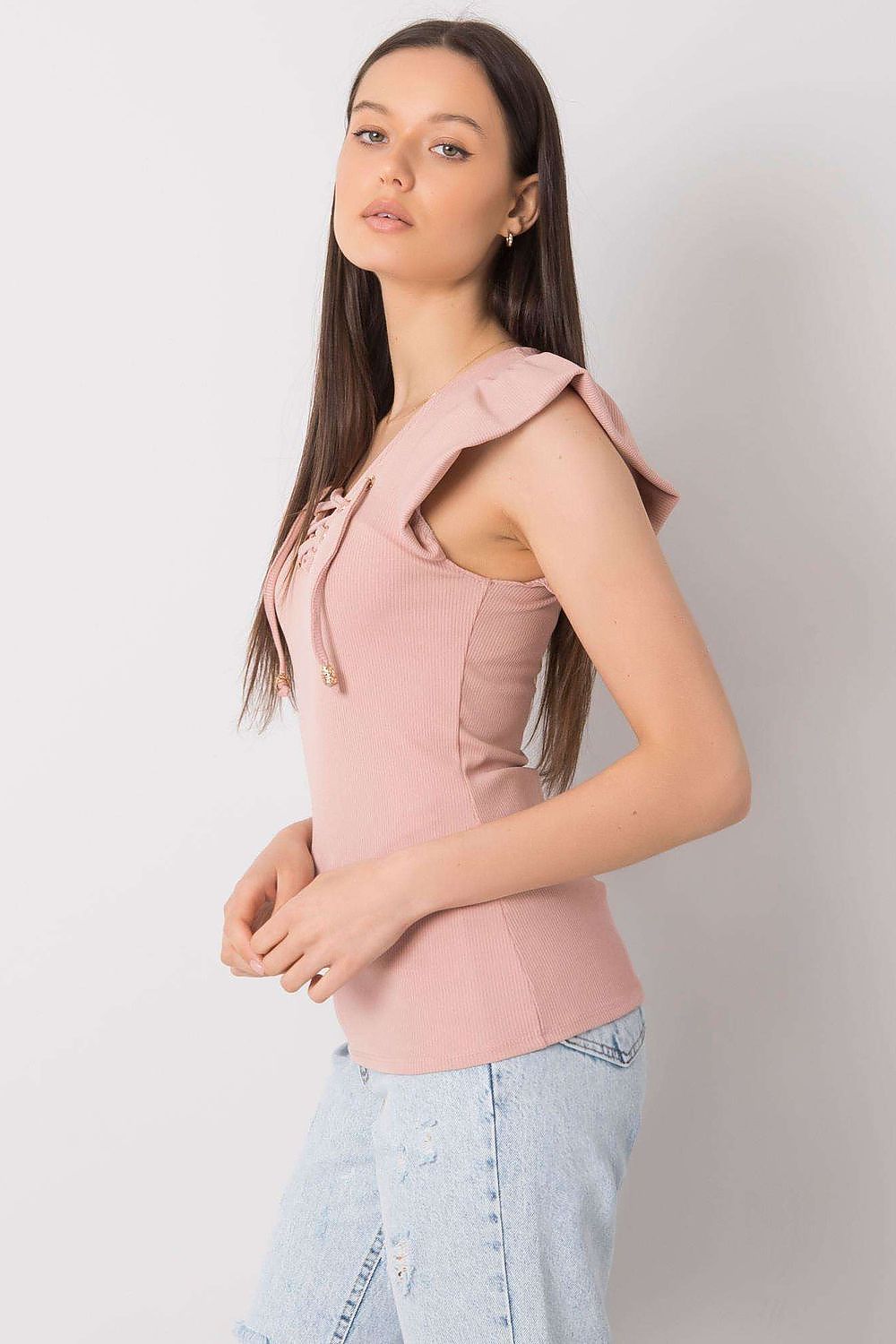 Luxurious Ribbed Frill Blouse with Decorative Cheese Neckline by Italy Moda, showcasing a model in a pink ribbed blouse with frill sleeves and a stylish silhouette.