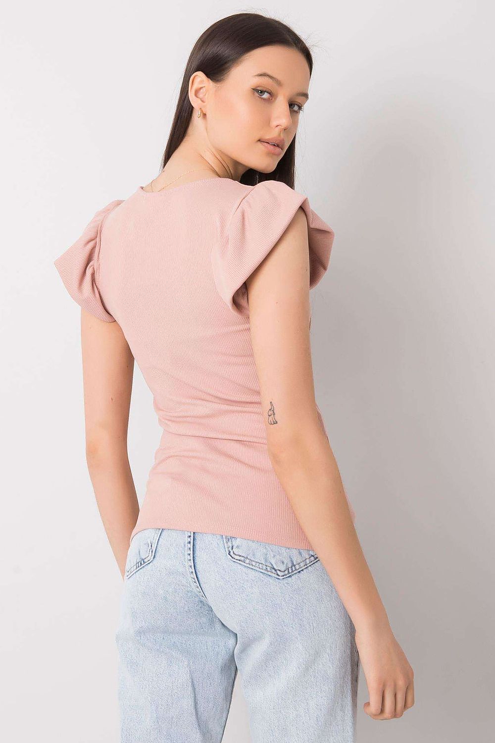 Luxurious Ribbed Frill Blouse with Decorative Cheese Neckline by Italy Moda, featuring the back view of a model in pink with elegant frill detailing.
