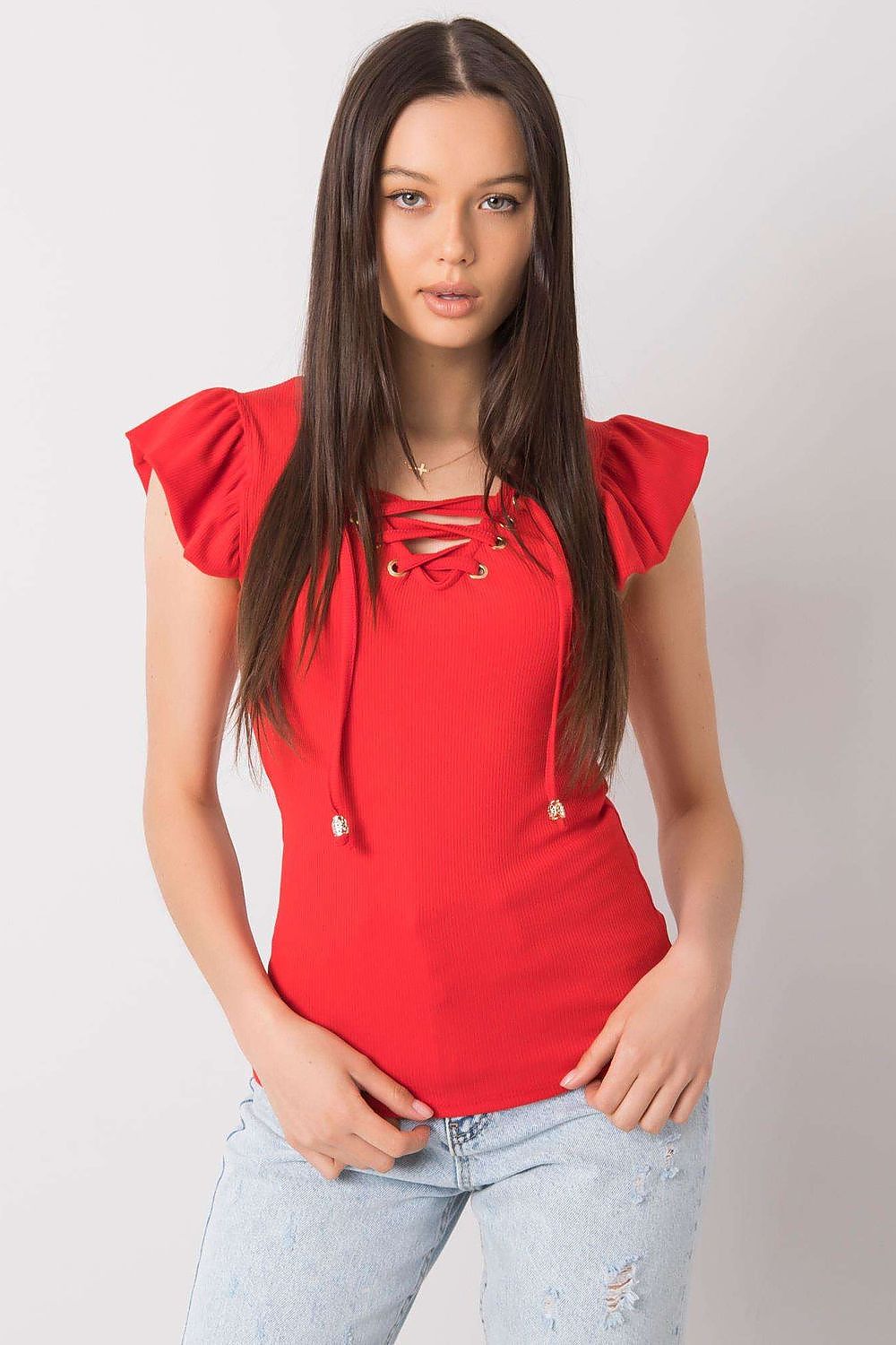 Stylish view of the Luxurious Ribbed Frill Blouse with Decorative Cheese Neckline by Italy Moda, modelled in red, with lace-up detailing and charming frill sleeves.