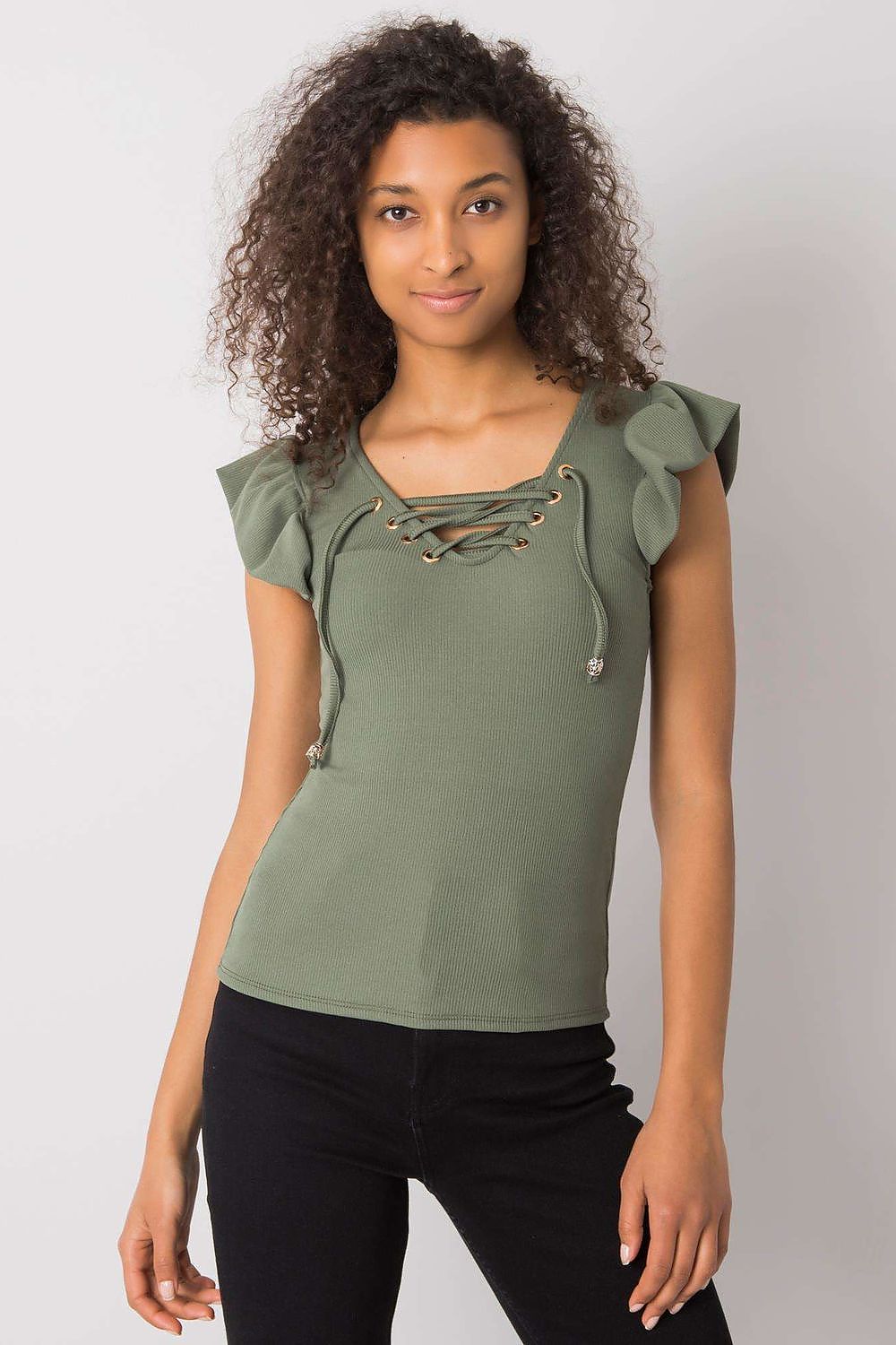Front view of the Luxurious Ribbed Frill Blouse with Decorative Cheese Neckline by Italy Moda, in olive green, featuring exquisite frill sleeves and a stylish lace-up neckline.