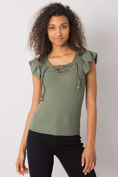 Front view of the Luxurious Ribbed Frill Blouse with Decorative Cheese Neckline by Italy Moda, in olive green, featuring exquisite frill sleeves and a stylish lace-up neckline.