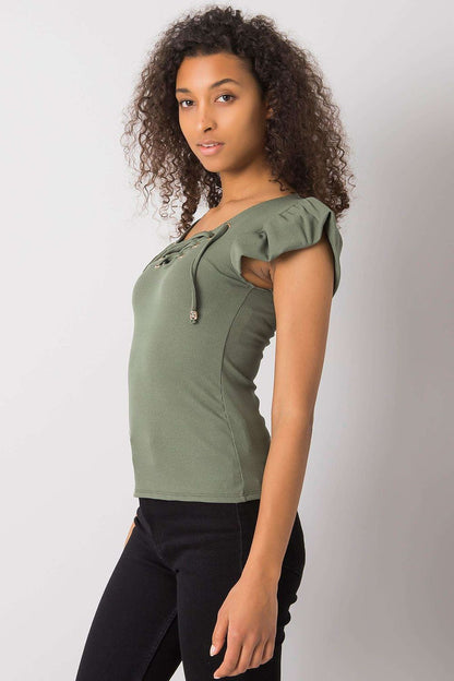 Luxurious Ribbed Frill Blouse with Decorative Cheese Neckline by Italy Moda in olive green, showcasing a stylish frill sleeve design.