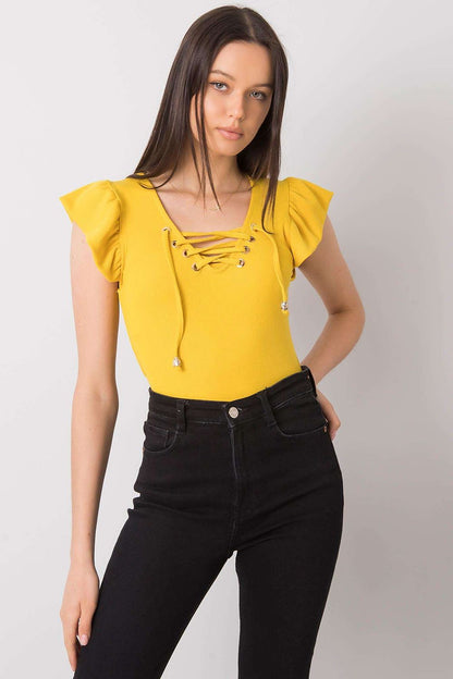 Luxurious Ribbed Frill Blouse with Decorative Cheese Neckline by Italy Moda in vibrant yellow, highlighting a chic lace-up detail.