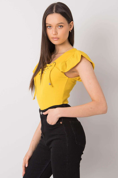 Luxurious Ribbed Frill Blouse with Decorative Cheese Neckline by Italy Moda in yellow, featuring a flattering fit and elegant frill details.