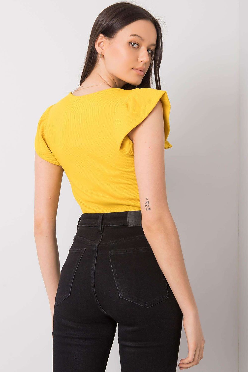 Luxurious Ribbed Frill Blouse with Decorative Cheese Neckline by Italy Moda, back view in yellow, exemplifying exquisite style.