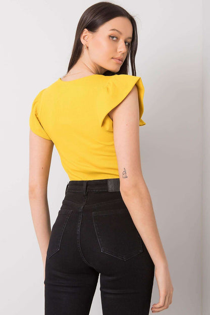 Luxurious Ribbed Frill Blouse with Decorative Cheese Neckline by Italy Moda, back view in yellow, exemplifying exquisite style.