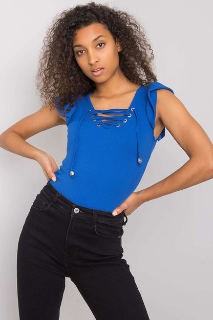 Luxurious Ribbed Frill Blouse with Decorative Cheese Neckline by Italy Moda in blue, displaying a modern design with regal charm.