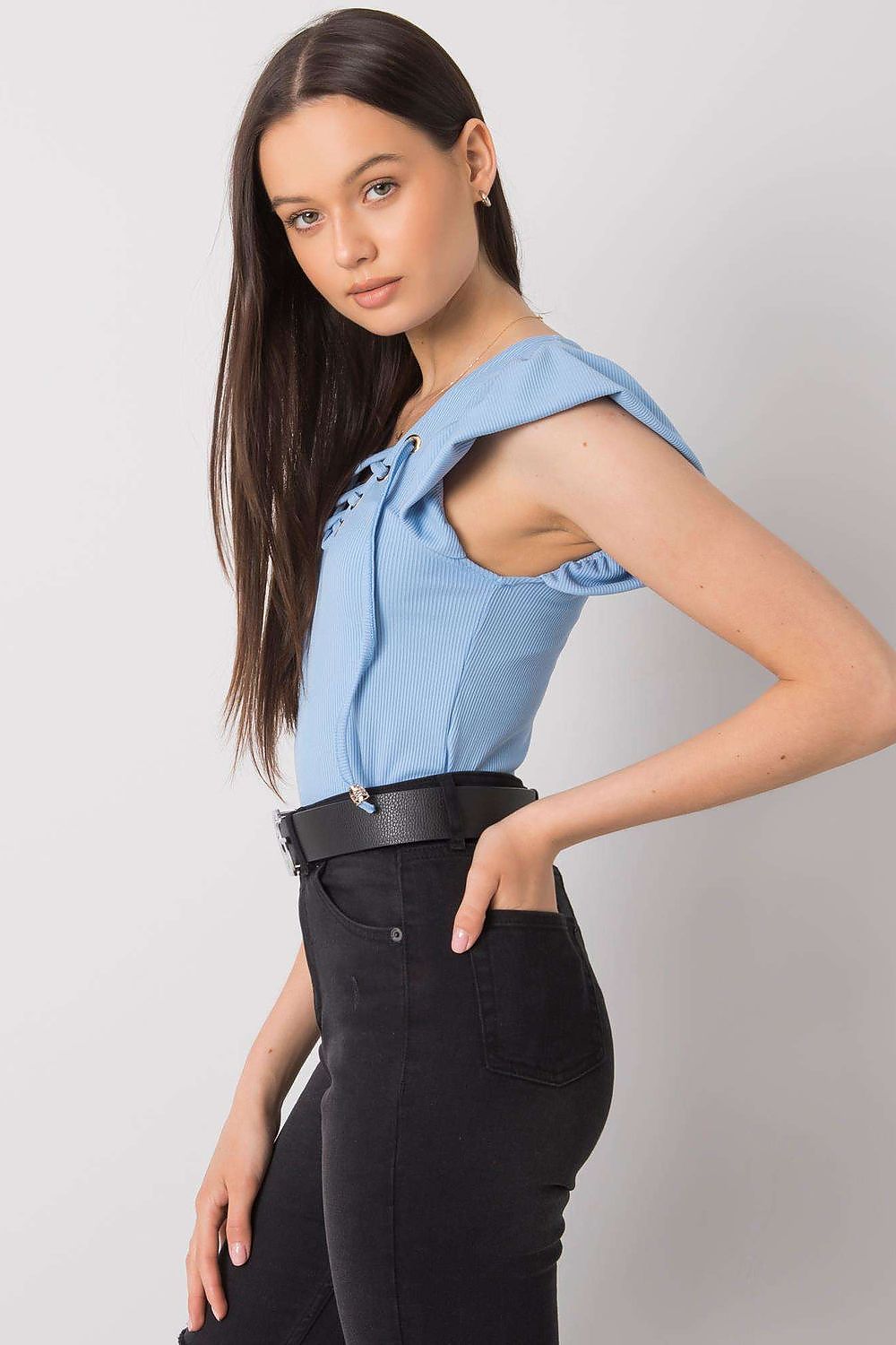 Luxurious Ribbed Frill Blouse with Decorative Cheese Neckline by Italy Moda, captured in an elegant side view, highlighting the unique design and soft blue shade along with stylish black jeans.