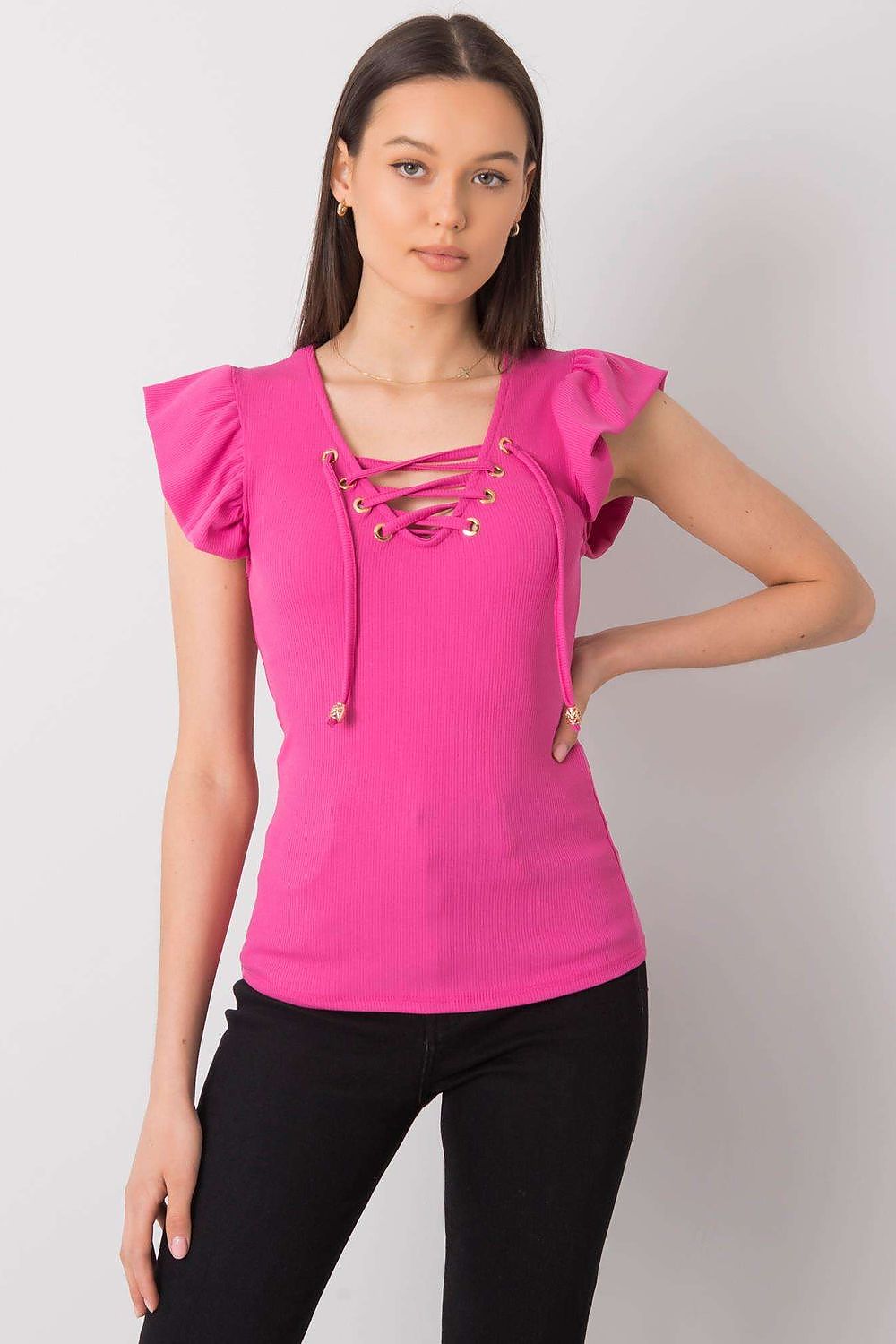 Luxurious Ribbed Frill Blouse with Decorative Cheese Neckline by Italy Moda, showcasing a stylish pink design, elegant frill sleeves, and a chic lace-up front detail for a sophisticated look.