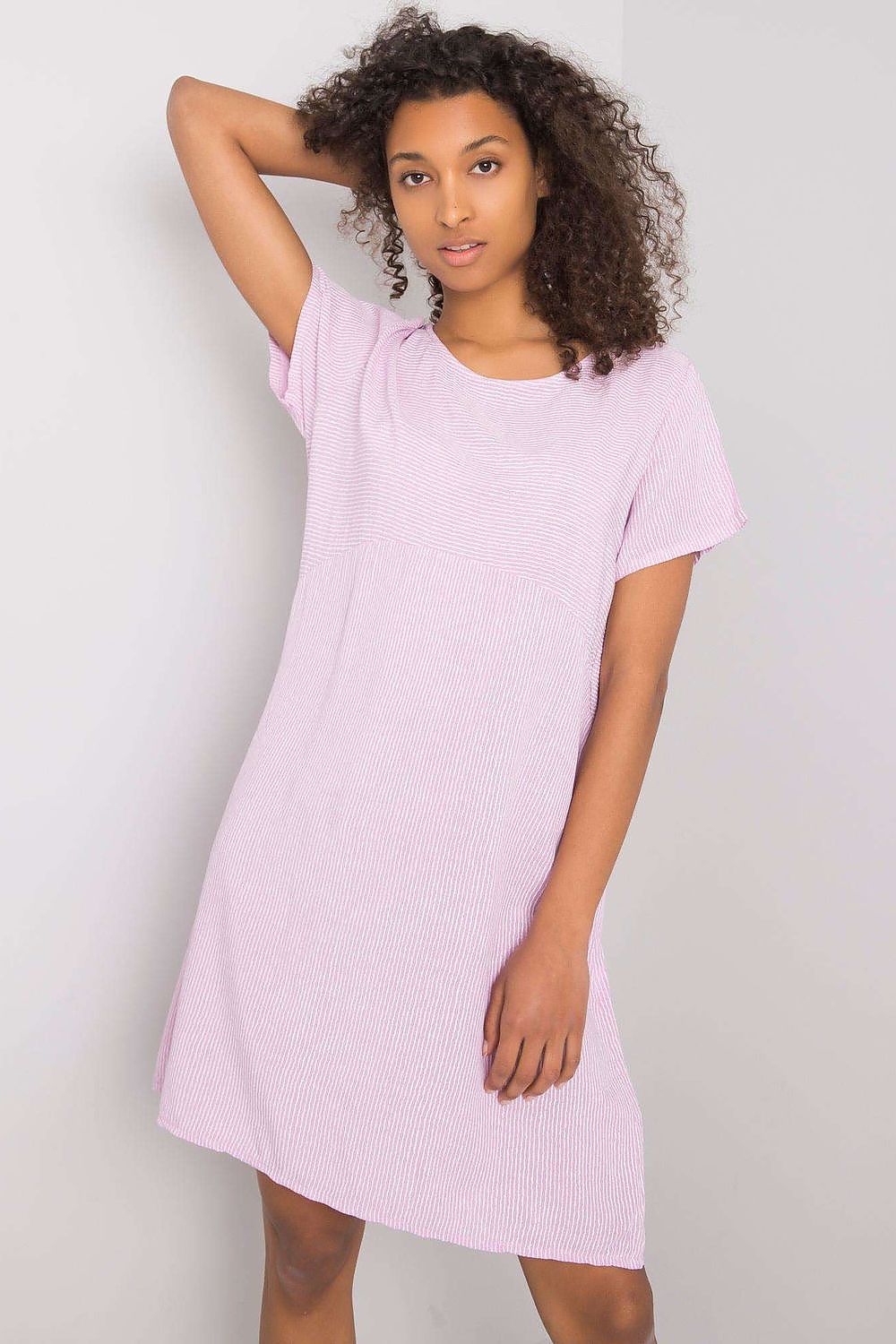 Italy Moda Striped Summer Dress with Round Neckline & Short Sleeves, elegantly displayed on a model with curly hair, perfect for chic summer outings.