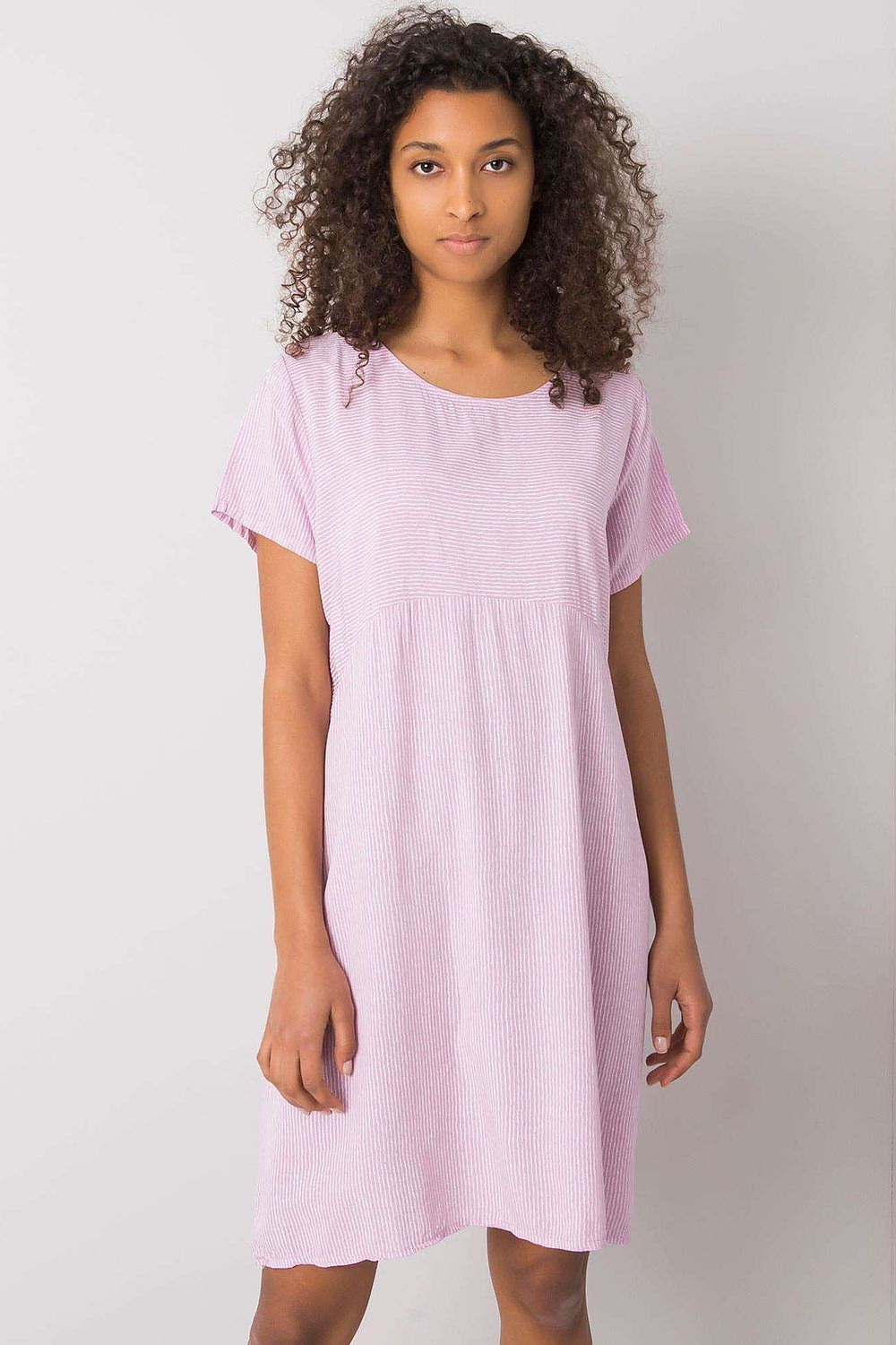 Italy Moda Striped Summer Dress with Round Neckline & Short Sleeves, featuring a modern design showcased on a model, ideal for effortless summer style.