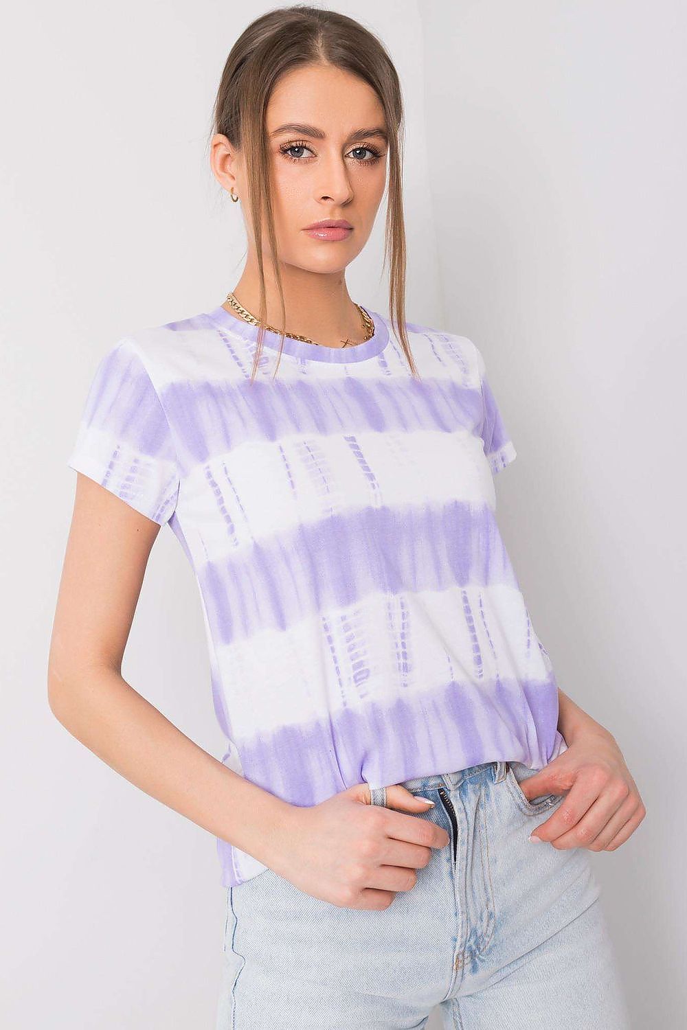 Fashion-forward Luxury Women's Cotton Printed T-Shirt with Short Sleeves and Round Neckline by Italy Moda, featuring a chic lavender tie-dye design, worn with stylish jeans.