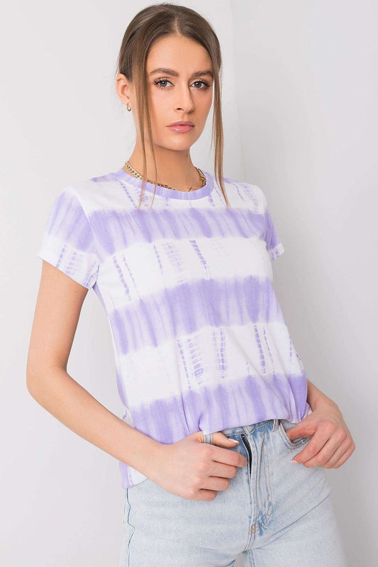 Fashion-forward Luxury Women's Cotton Printed T-Shirt with Short Sleeves and Round Neckline by Italy Moda, featuring a chic lavender tie-dye design, worn with stylish jeans.