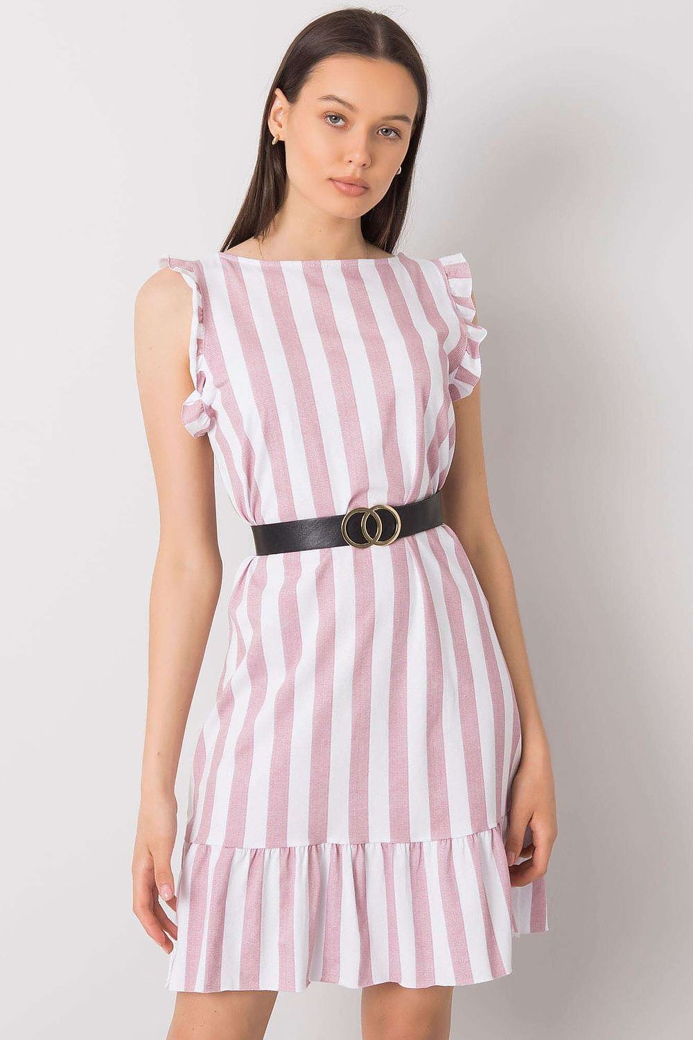 Elegant Sleeveless Summer Dress with Ruffles and Belt | Italy Moda Striped Cotton, featuring a model wearing the dress front view, showcasing the decorative ruffles and round neckline.