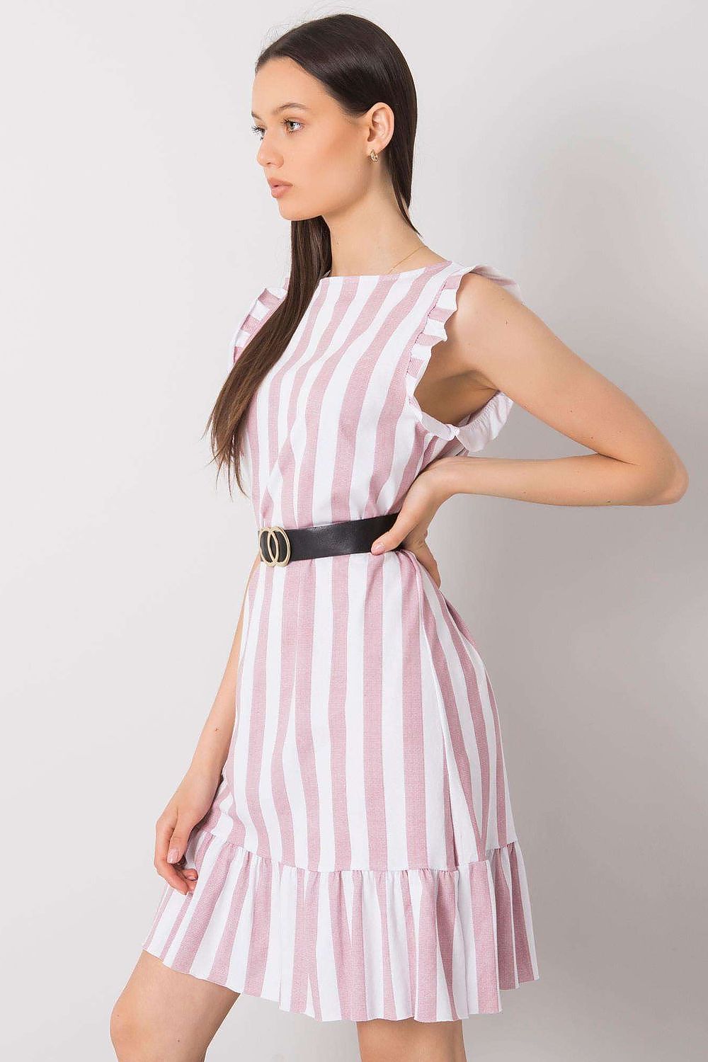 Elegant Sleeveless Summer Dress with Ruffles and Belt | Italy Moda Striped Cotton, highlighting the side view of the dress with ruffled sleeves and cinched waist.