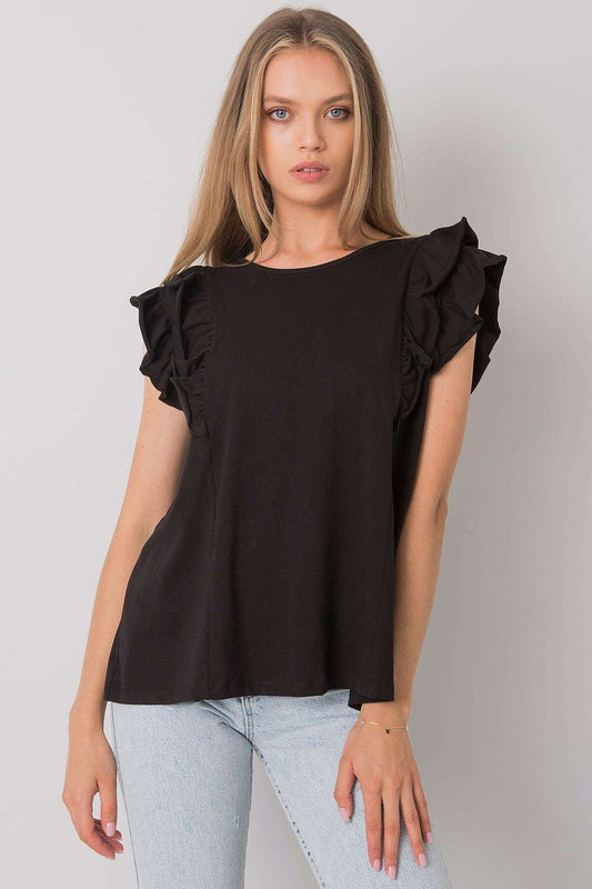 Elegant Och Bella Short Sleeve Frill Blouse with Stylish Cut-Out Back in Cotton-Spandex Blend, featuring delicate frill sleeves and a relaxed fit on a model.