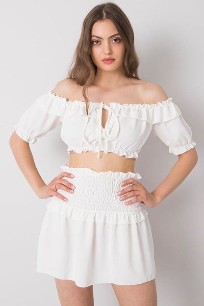 Och Bella Spanish Style Blouse with Tie Front and Short Sleeves - Elegant Polyester Top featuring a model showing the front view in a chic off-shoulder design.