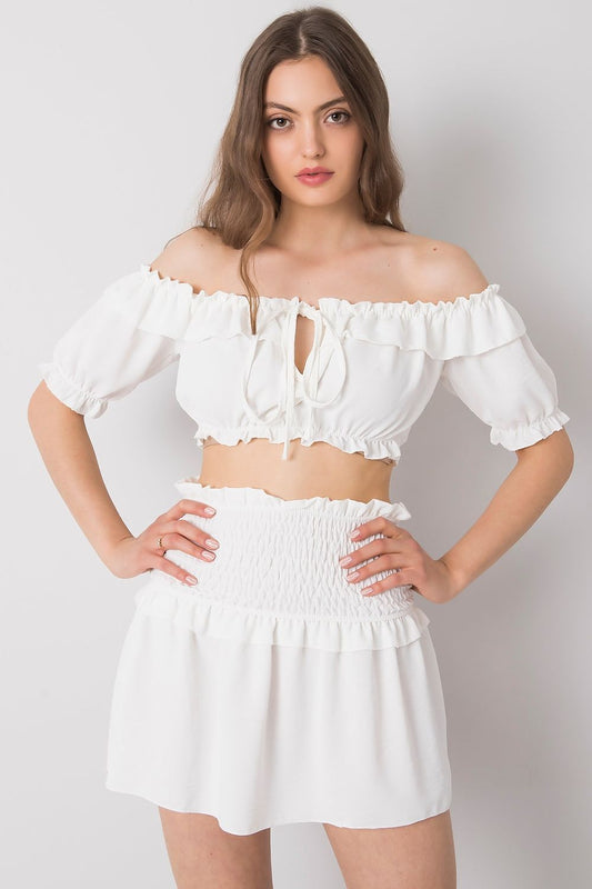 Och Bella Spanish Style Blouse with Tie Front and Short Sleeves - Elegant Polyester Top featuring a model showing the front view in a chic off-shoulder design.