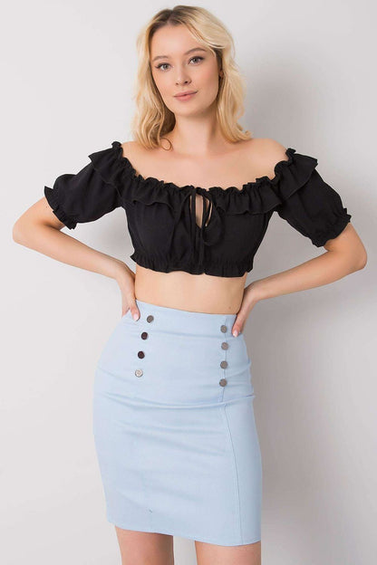 Och Bella Spanish Style Blouse with Tie Front and Short Sleeves - Elegant Polyester Top featured on a model in a dark ensemble, emphasising its trendy ruffle accents and sophisticated cropped silhouette.