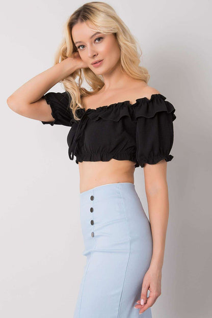 Och Bella Spanish Style Blouse with Tie Front and Short Sleeves - Elegant Polyester Top captured on a model, highlighting the chic ruffled look and stylish detailing appropriate for luxury casual wear.