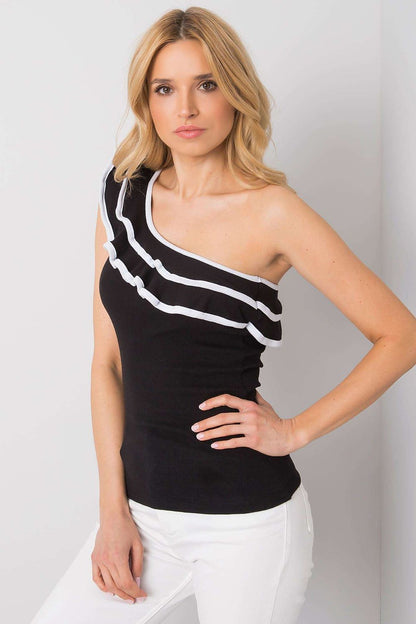 Close-up of the Och Bella Asymmetrical Neckline Top with Decorative Frill, highlighting the exquisite craftsmanship and trendy frill accent. This luxurious cotton blend top exemplifies modern fashion with its elegant design.