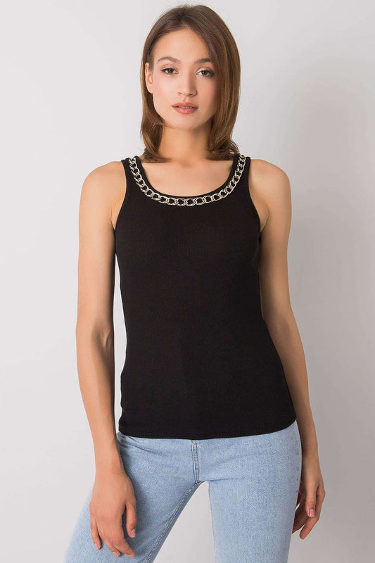 Chic view of the Elegant Ribbed Cotton Top with Decorative Chain – Och Bella Fashion Essentials, featuring a sleek black design with unique chain neckline, perfect for elevated casual wear.