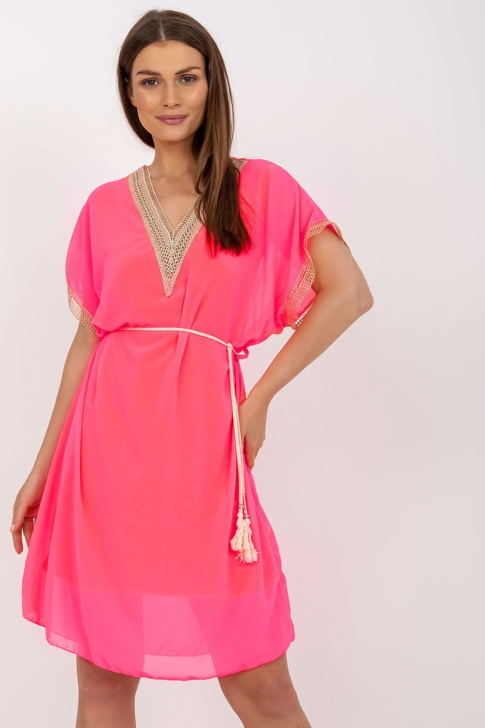 Italy Moda Loose-Fitting Daydress with Heart Neckline and Openwork Inserts, showcasing a stunning pink dress on a model, perfect for elegant summer style.