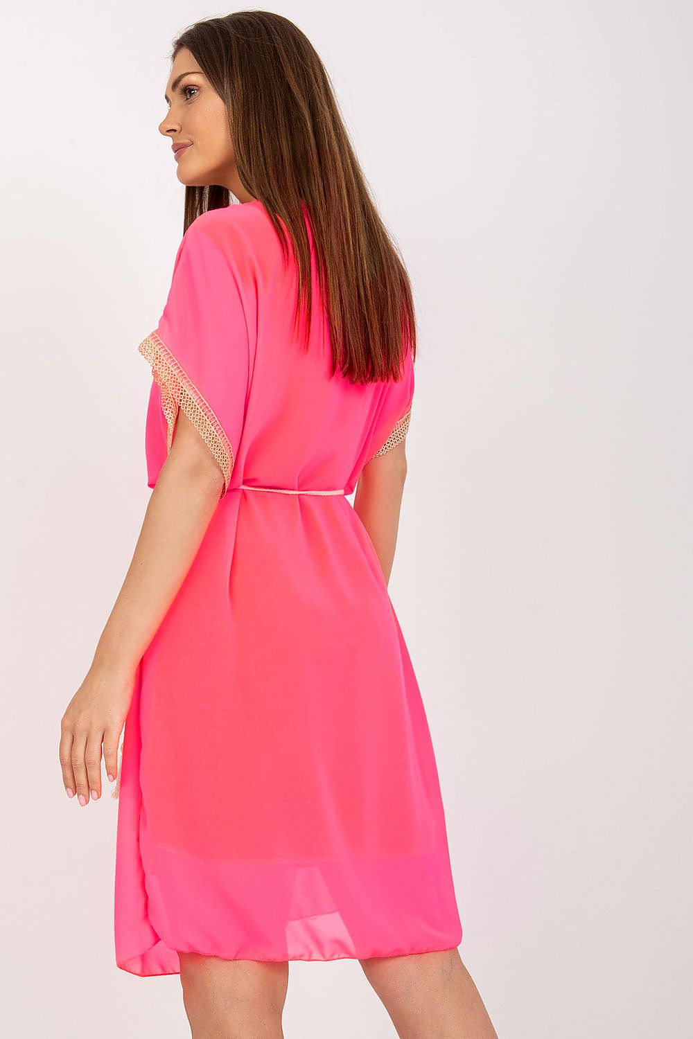 Italy Moda Loose-Fitting Daydress with Heart Neckline and Openwork Inserts, with a focus on the back view of the dress on a model, illustrating its elegant design for summer occasions.