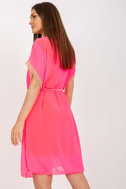 Italy Moda Loose-Fitting Daydress with Heart Neckline and Openwork Inserts, with a focus on the back view of the dress on a model, illustrating its elegant design for summer occasions.