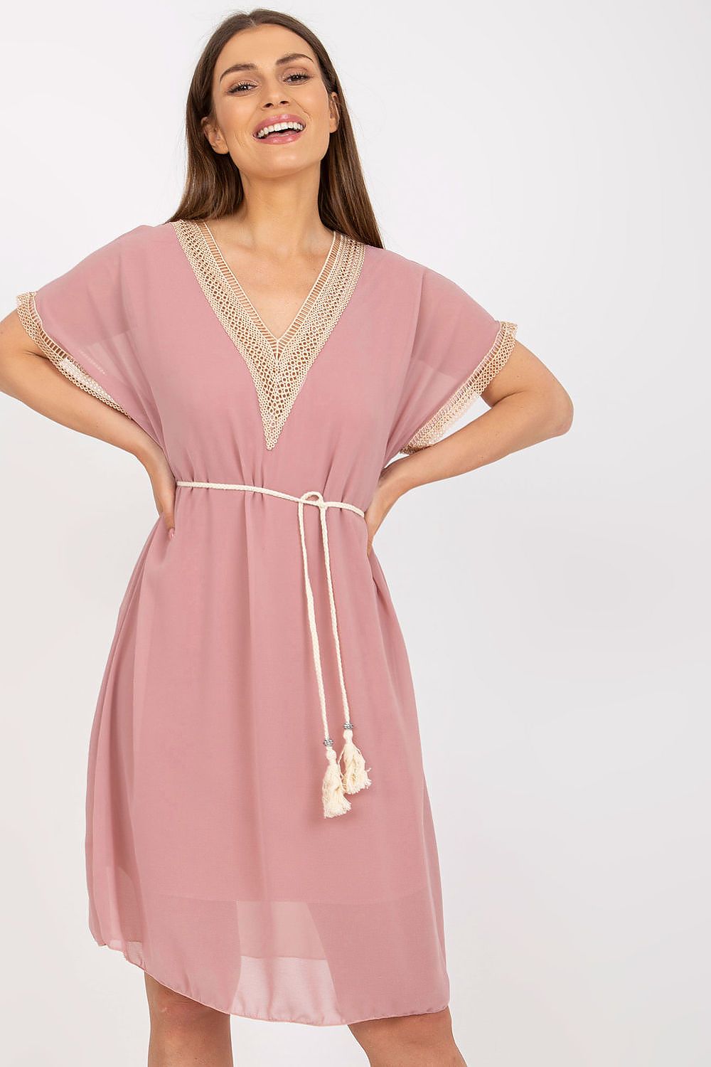 Italy Moda Loose-Fitting Daydress with Heart Neckline and Openwork Inserts, displaying a model in a chic blush pink dress, beautifully tied at the waist for an elegant summer appearance.