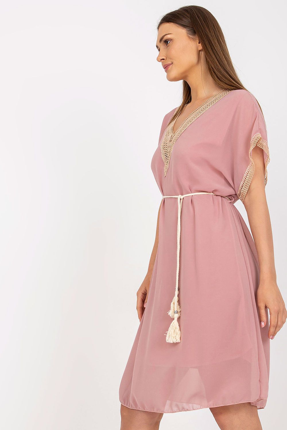 Italy Moda Loose-Fitting Daydress with Heart Neckline and Openwork Inserts, showcased in soft pink colour, elegantly styled with short sleeves and a belted waist for a refined summer look.