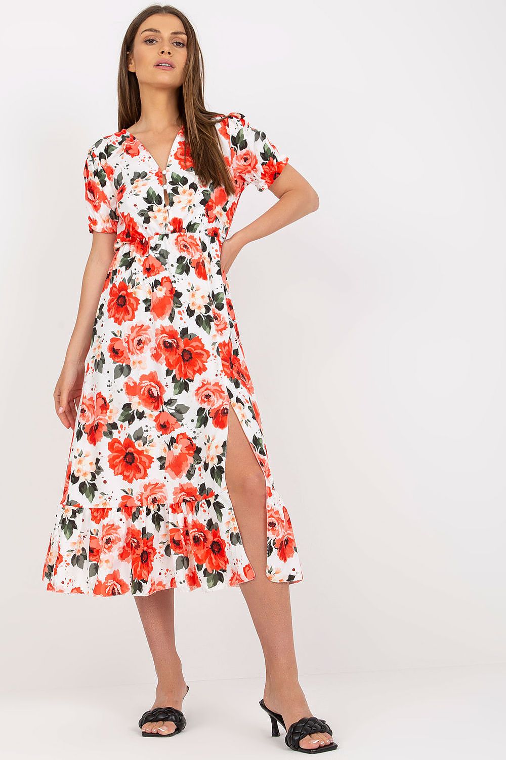Elegant Floral Summer Dress with Short Sleeves, Front Buttons and Frill by Italy Moda, highlighting a model in a stunning white floral dress with a sophisticated slit and vibrant patterns.