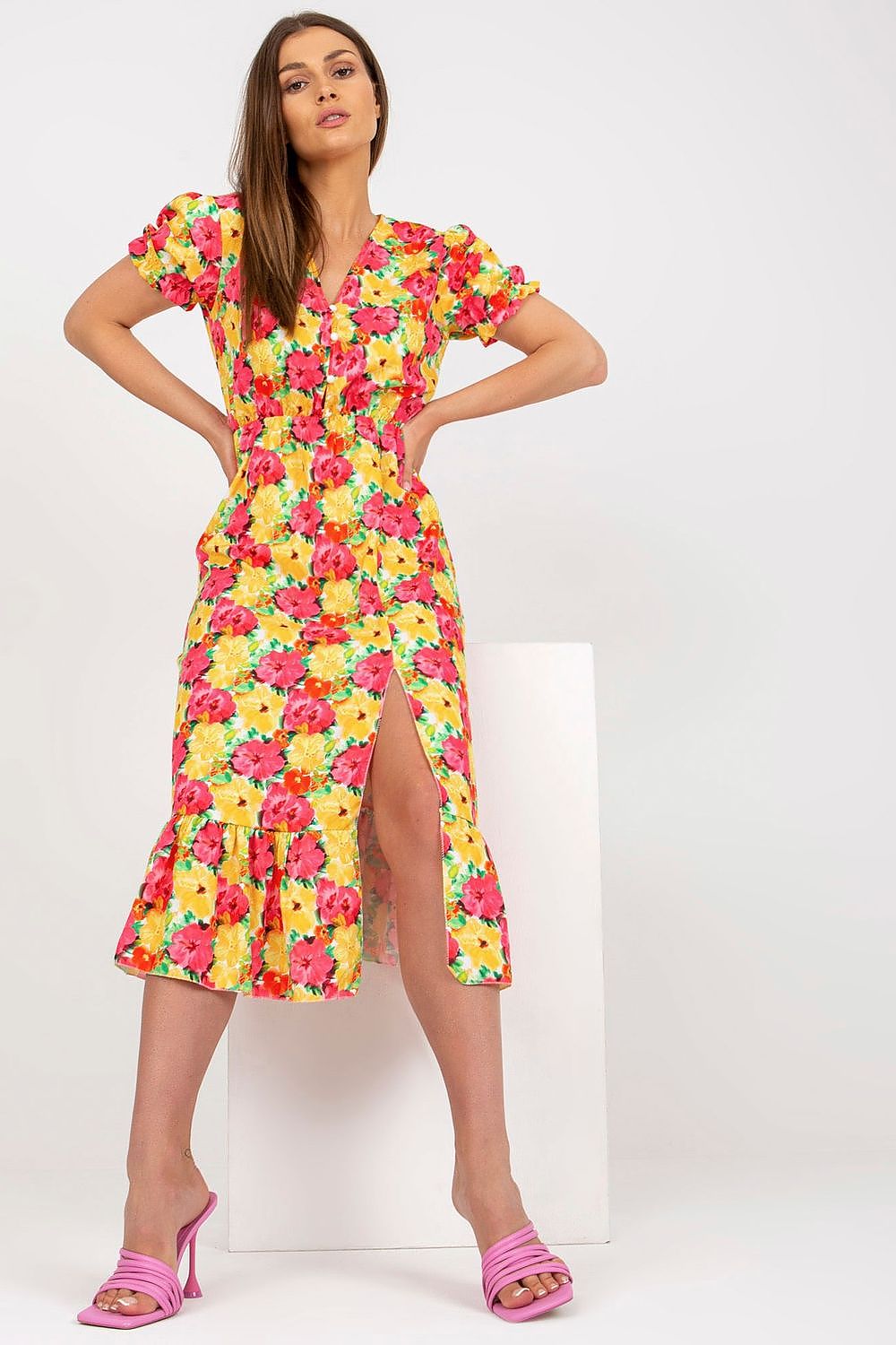 Elegant Floral Summer Dress with Short Sleeves, Front Buttons and Frill by Italy Moda, featuring vibrant floral patterns and a stylish slit, perfect for chic summer outings.