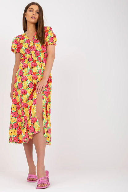 Elegant Floral Summer Dress with Short Sleeves, Front Buttons and Frill by Italy Moda, showcasing a beautiful floral design and a sophisticated silhouette, ideal for fashionable summer events.