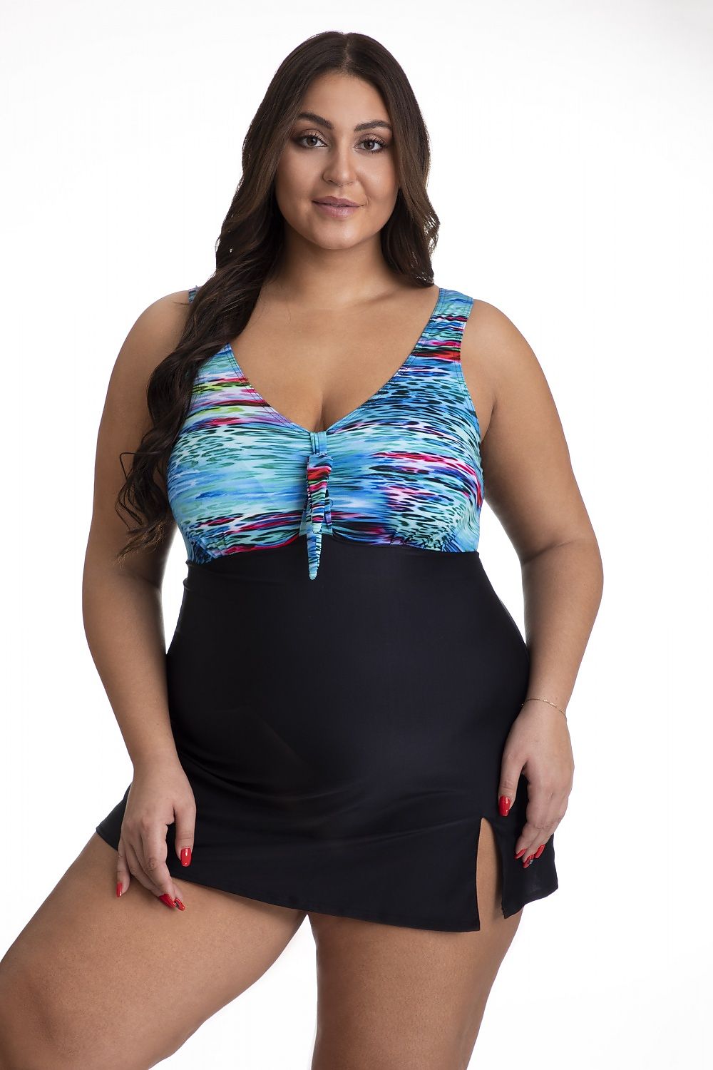 Barontex Women's Elegant One-Piece Swimsuit with Dual Layer Design and Supportive Cups, featuring a chic patterned top and a black skirt bottom. Ideal for a flattering beach look.