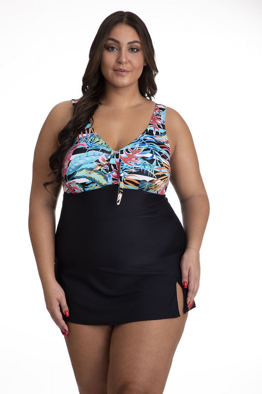 Barontex Women's Elegant One-Piece Swimsuit with Dual Layer Design and Supportive Cups, showcasing a beautiful tropical print top paired with a sleek black skirt. Perfect for stylish summer outings.