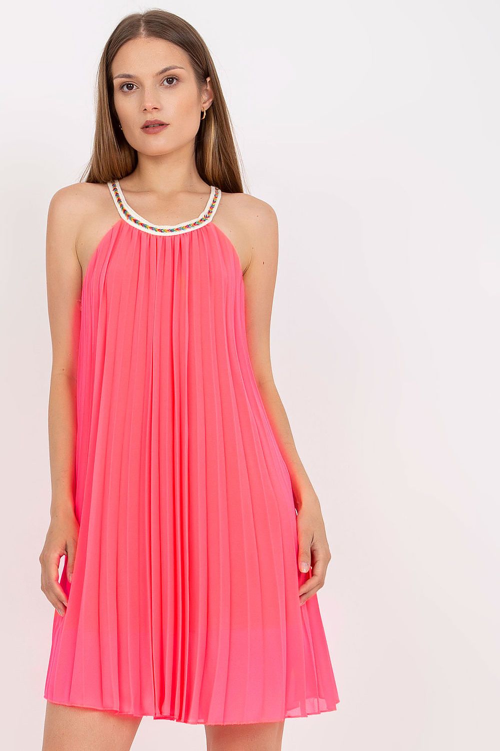 Elegant Summer Strapless Pleated Dress by Italy Moda in vibrant pink, featuring a lined design and round neckline, perfect for luxurious summer outings.