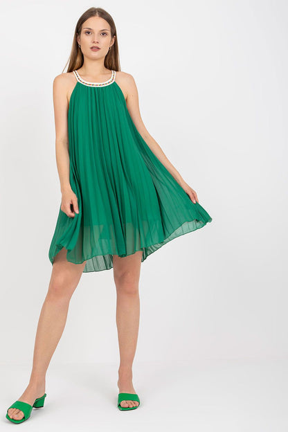Elegant Summer Strapless Pleated Dress by Italy Moda in luscious green, emphasizing its graceful pleats and sophisticated style for summer.